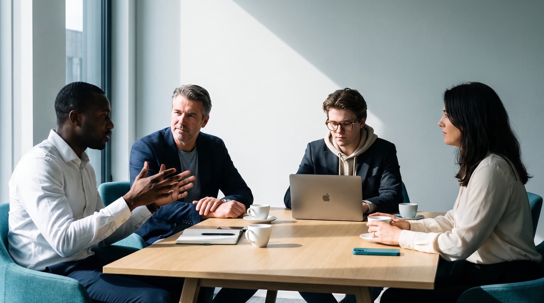 Vier collega’s in overleg aan een vergadertafel, met een laptop op tafel.